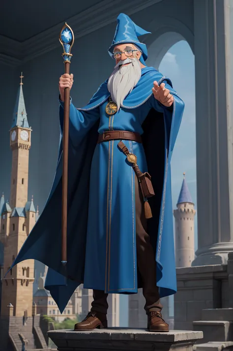 (best quality), masterpiece, perfect body, fantasy, wizard, Merlin, old man, 1boy, male, skinny, tall build, blue wizard hat, bl...