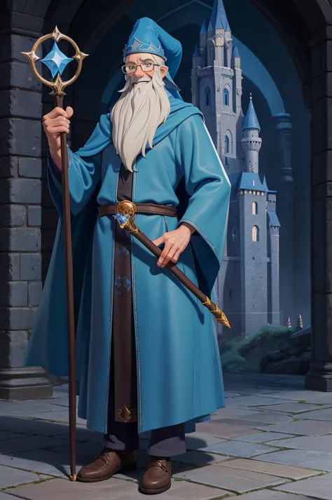 (best quality), masterpiece, perfect body, fantasy, wizard, Merlin, old man, 1boy, male, skinny, tall build, blue wizard hat, bl...