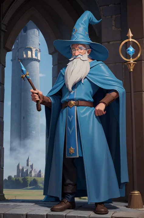 (best quality), masterpiece, perfect body, fantasy, wizard, Merlin, old man, 1boy, male, skinny, tall build, blue wizard hat, bl...