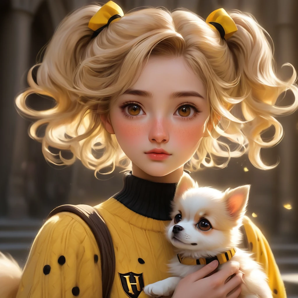 mejor calidad, obra maestra, estudiantes de hogwarts, Hufflepuff, Pelo corto con colas gemelas altas.., Cabello corto con dos colas rubias doradas..., serious, Muy terco, lindo y brillante, pecas en la cara, Junto a su adorable cachorro pomerania., detalles de ojos marrones, cara detallada, Piel hermosa, luz tenue, misterioso, sombra suave, textura fina, luz dinámica,