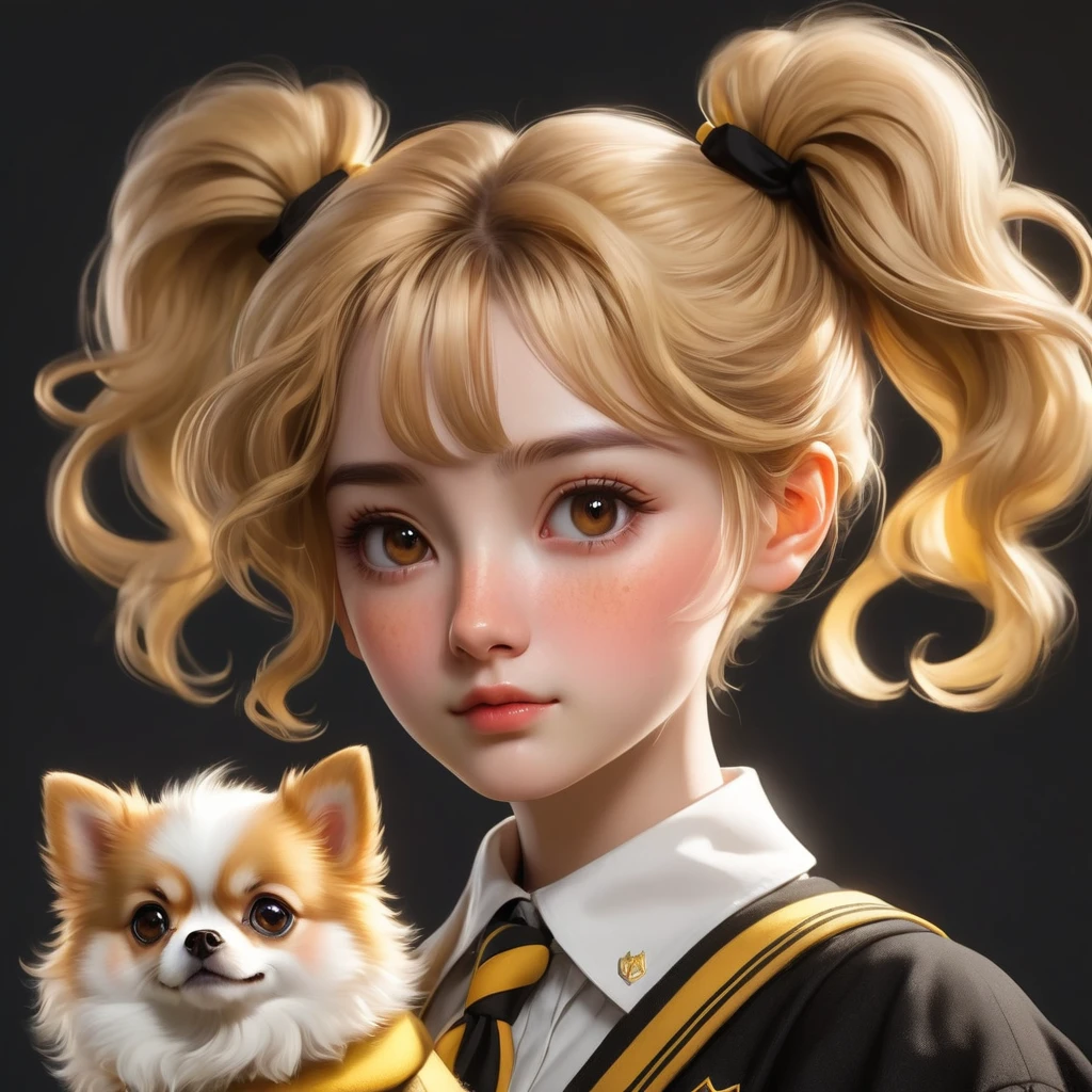 mejor calidad, obra maestra, estudiantes de hogwarts, Hufflepuff, Pelo corto con colas gemelas altas.., Cabello corto con dos colas rubias doradas..., serious, Muy terco, lindo y brillante, pecas en la cara, Junto a su adorable cachorro pomerania., detalles de ojos marrones, cara detallada, Piel hermosa, luz tenue, misterioso, sombra suave, textura fina, luz dinámica,