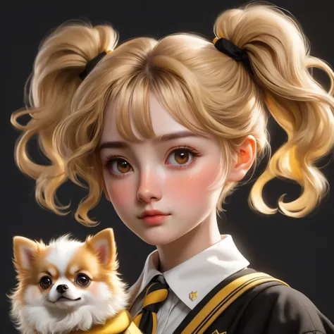 best quality, Masterpiece, Hogwarts students, Hufflepuff, Short hair with high twin tails., Short hair with golden blonde twin t...