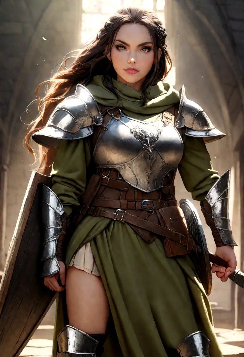 Strong and beautiful New Zealand Maori warrior woman,in tactical clothes with Maori tattoos, medieval armor, 
 wearing a green h...