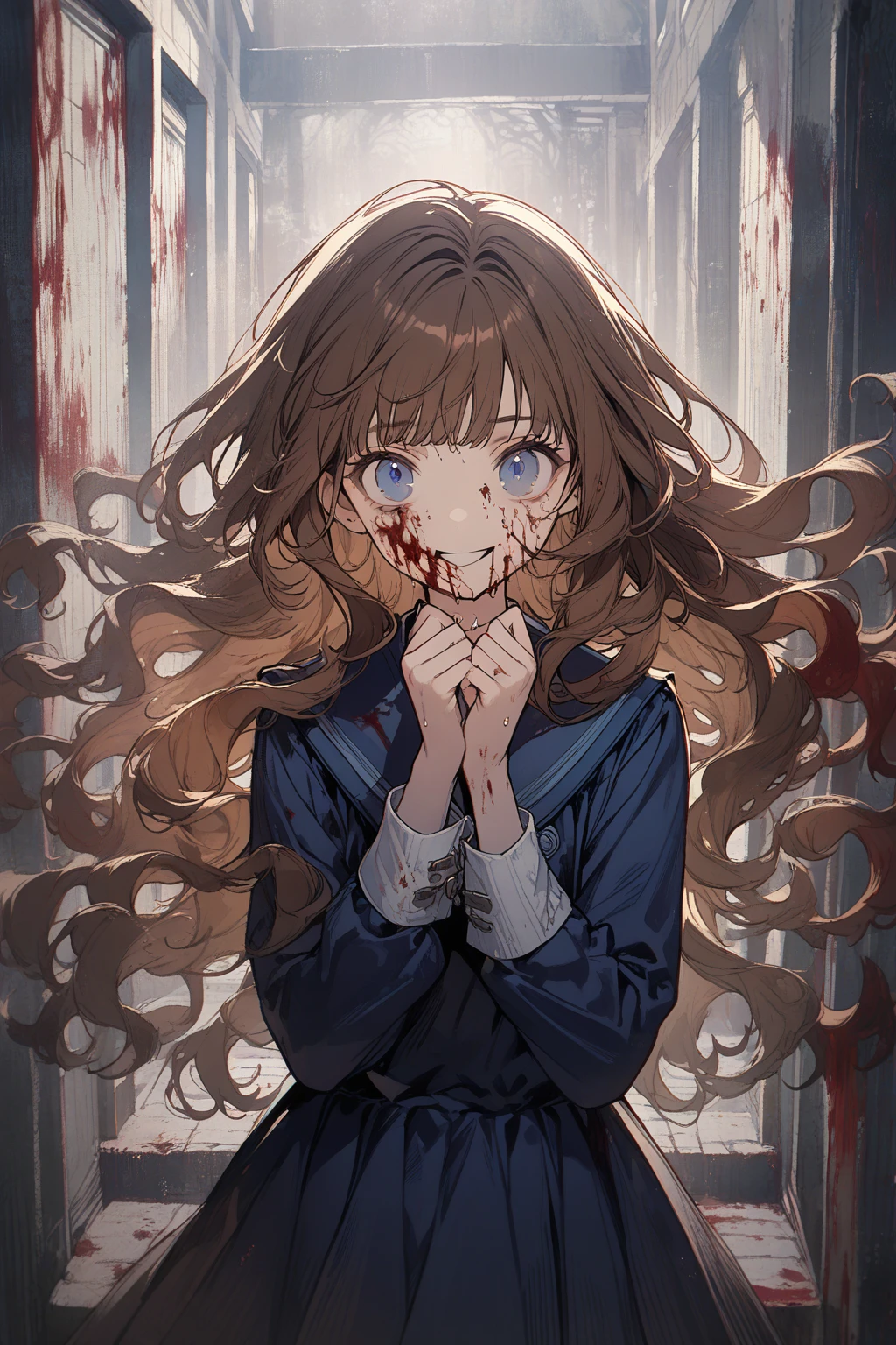 1 girl, CuteStyle, upper body, blue eyes, brown hair, long hair with bangs, flowing hair, standing in the stairwell in the entrance, white walls, iron railings, dressed in a dark blue school dress, long sleeves, white cuffs, face in blood, sweat on the face, hands in blood, walls in blood, looks at the viewer, scared look, scared smile, detailed, beautiful, atmospheric, gentle tones