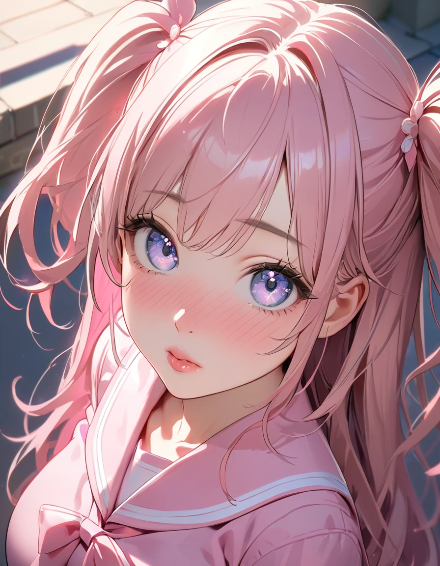 (8K, best quality, master piece: 1.2), super high resolution,1 girl,独奏,ultra-detailed face,detailed eyes,gradient eyes,mascara,pink hair,Long Hair,two side up,kissing viewer,puffy lips,nose blush,Pink sailor suit, large breasts,Portrait,Rim Light,From above,cherry blossoms,Schoolyard