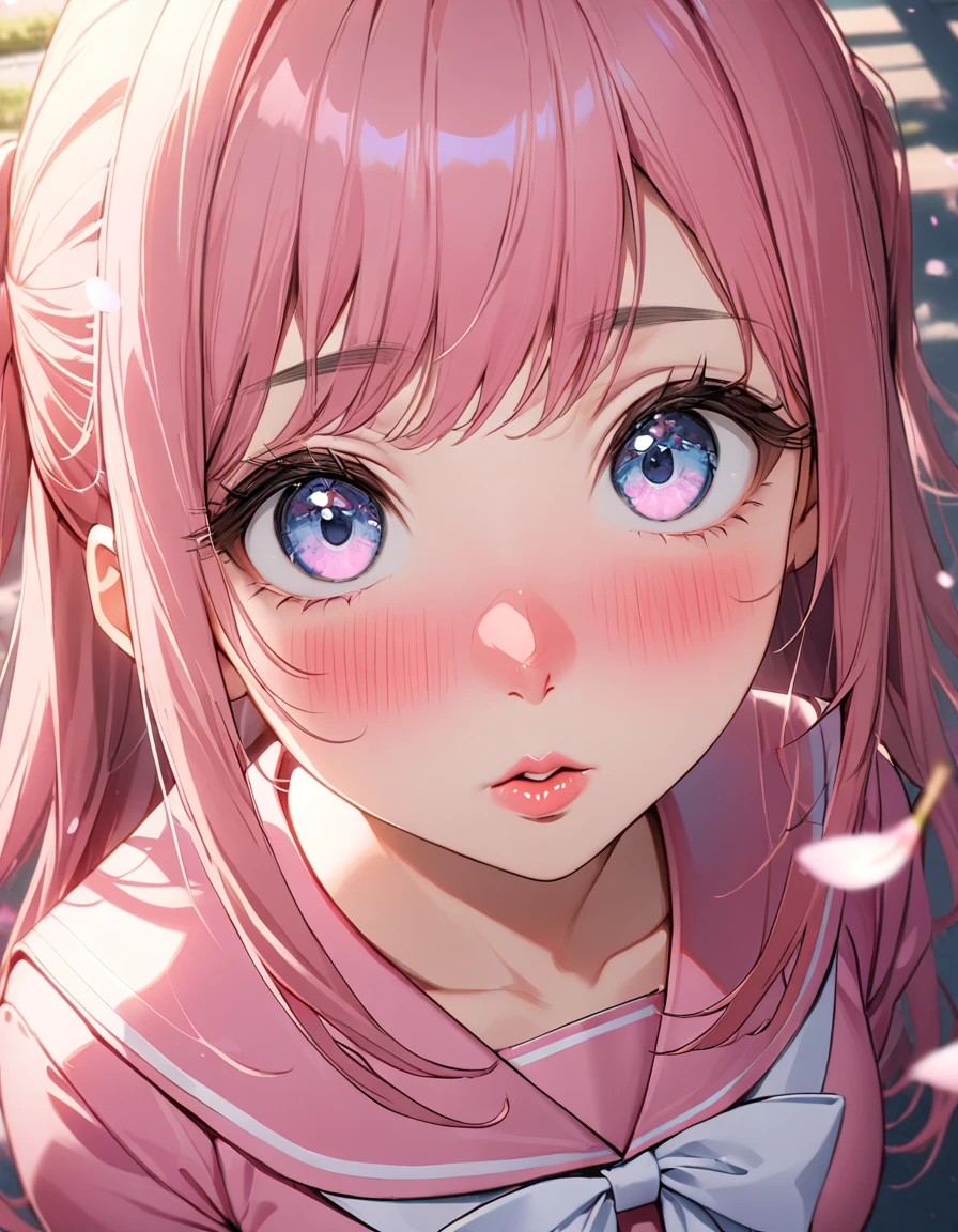 (8K, best quality, master piece: 1.2), super high resolution,1 girl,独奏,ultra-detailed face,detailed eyes,gradient eyes,mascara,pink hair,Long Hair,two side up,kissing viewer,puffy lips,nose blush,Pink sailor suit, large breasts,Portrait,Rim Light,From above,cherry blossoms,Schoolyard