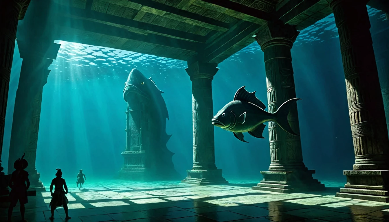 On one side, the underwater scene with a massive, ancient fish (reminiscent of the creature that swallowed Jonah) swimming through dark, mysterious waters. On the other side, the interior of an ancient temple with a shadowy figure of Dagon looming.