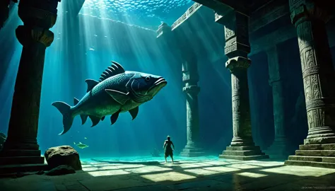 on one side, the underwater scene with a massive, ancient fish (reminiscent of the creature that swallowed jonah) swimming throu...