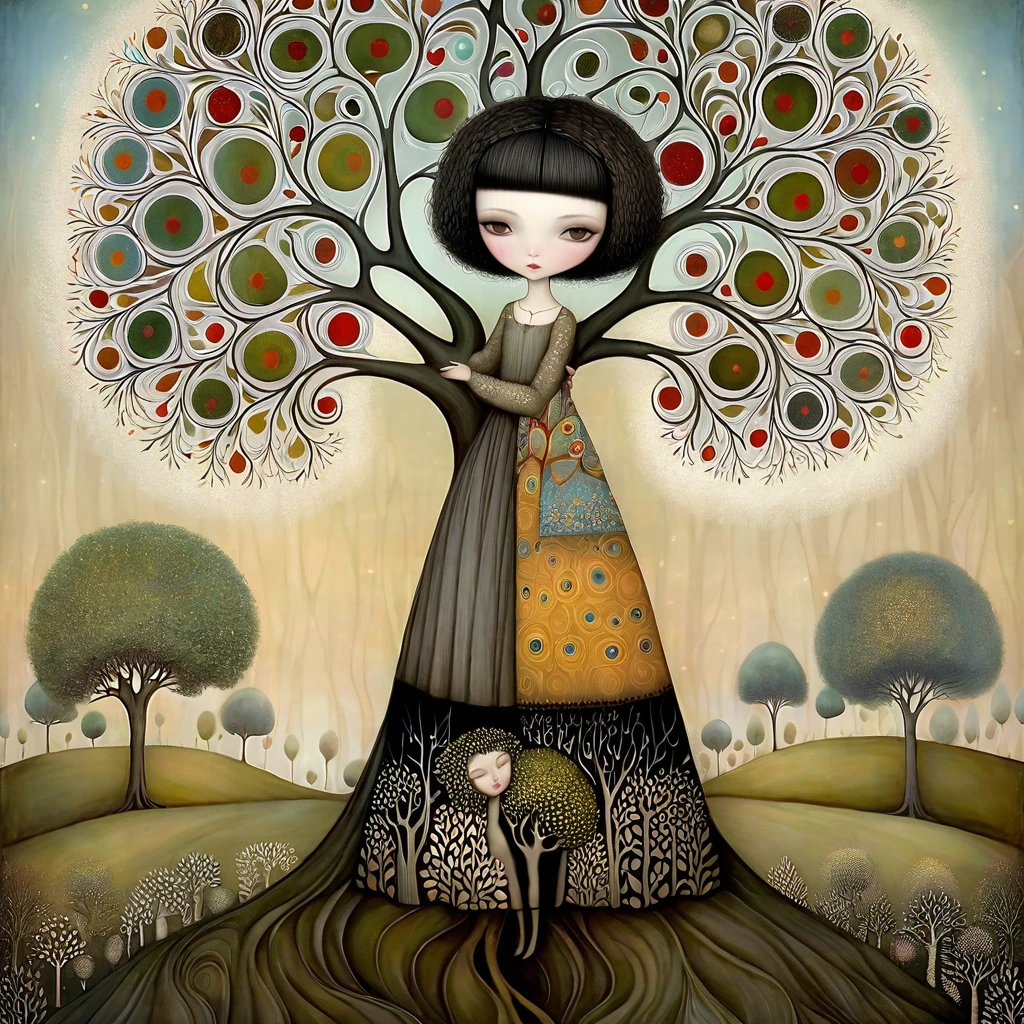 intricate patchwork dress, woman with short black hair, long wide skirt, hugging a tree, European style, Klimt, Nicoletta Ceccoli, Catrin Welz-Stein, Lawrence Didier, Leonora Carrington, highly detailed, photorealistic, 8K, intricate patterns, ornate design, warm tones, soft lighting, whimsical, surreal, fantasy, magical realism