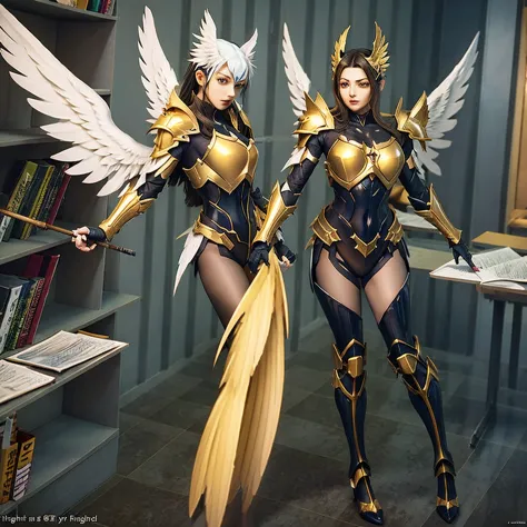 a woman in a gold and black outfit with wings, angel knight woman, angel in plastic armor, angelic golden armor, angel knight go...