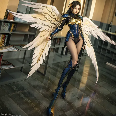 a woman in a gold and black outfit with wings, angel knight woman, angel in plastic armor, angelic golden armor, angel knight go...