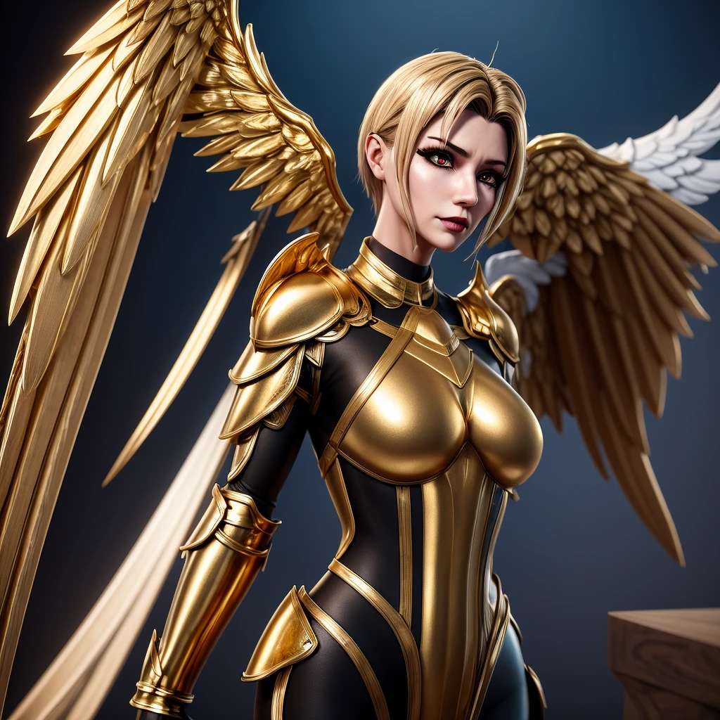 a woman in a gold and black outfit with wings, angel knight woman, angel in plastic armor, angelic golden armor, angel knight gothic woman, armor angle with wing, full - body majestic angel, as a mystical valkyrie, mystical valkyrie, anime goddess, 2. 5 d cgi anime fantasy artwork, unreal engine render + a goddess