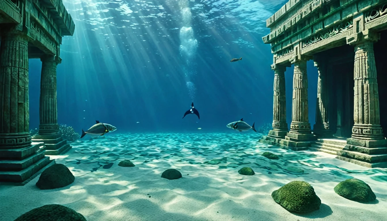 수중 세계와 고대 사원 사이의 이중 장면 시각적 분할.
