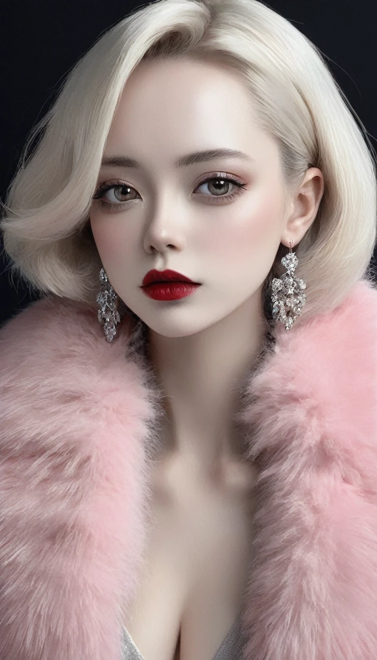 Minimalistic portrait of a beautiful woman with red lips and cold big eyes wearing earrings, a light pink fur coat in a haute couture style isolated on a dark background, cinematic lighting, ultra-realistic, shot in the style of hasselblad x2d + pishington e skinner + peter coulson, minimalism