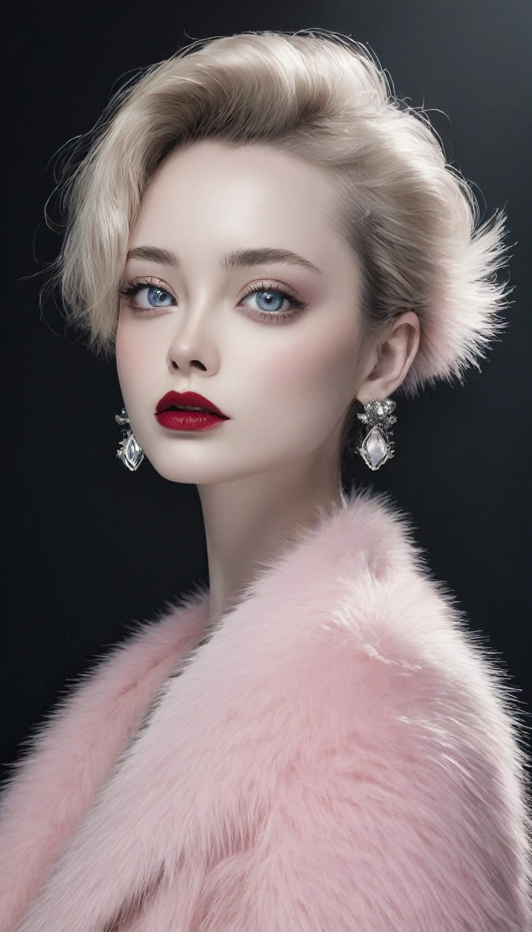 Minimalistic portrait of a beautiful woman with red lips and cold big eyes wearing earrings, a light pink fur coat in a haute couture style isolated on a dark background, cinematic lighting, ultra-realistic, shot in the style of hasselblad x2d + pishington e skinner + peter coulson, minimalism