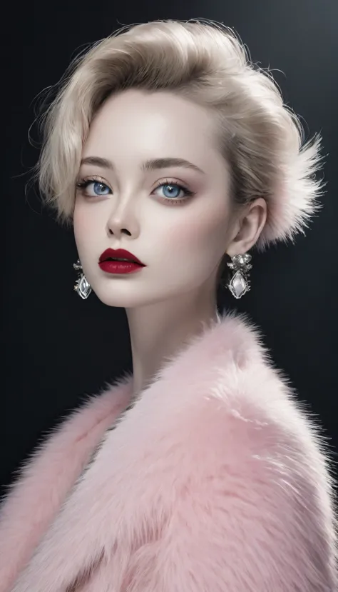Minimalistic portrait of a beautiful woman with red lips and cold big eyes wearing earrings, a light pink fur coat in a haute co...