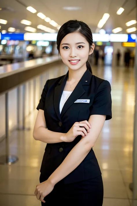 gorgeous woman, age 21, flight attendant uniform, shenzhen airlines flight attendant，natural poses in an empty airport, dimpled ...