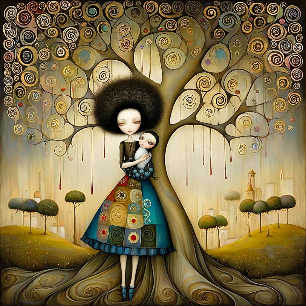 克林姆的拼布作品, 尼可萊塔·塞科利, 服部直人, 勞倫斯·迪迪埃, 利奧諾拉·卡林頓 (Leonora Carrington) 的歐洲女性，黑短髮，長髮, 寬裙, 擁抱一棵樹