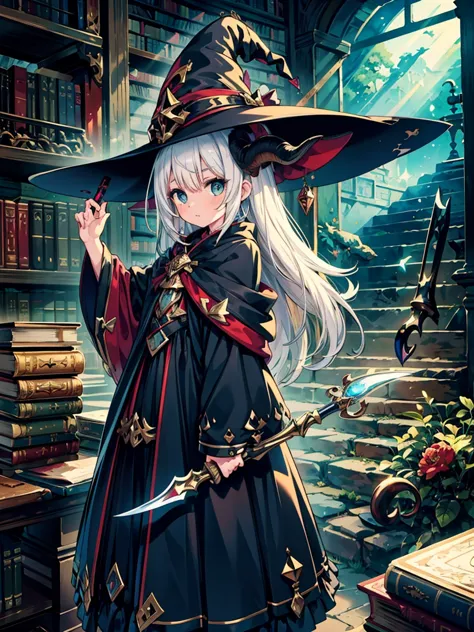 (masterpiece), best quality, very detailed, a magus girl with white hair holdding a magical sickle, witch hat, huge horn, ruffle...