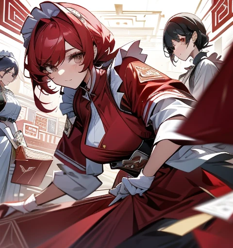 Five women in maid outfits surround a man，charming depiction，Lively and dynamic，Man taking red envelope，Handing out red envelopes to women dressed as maids