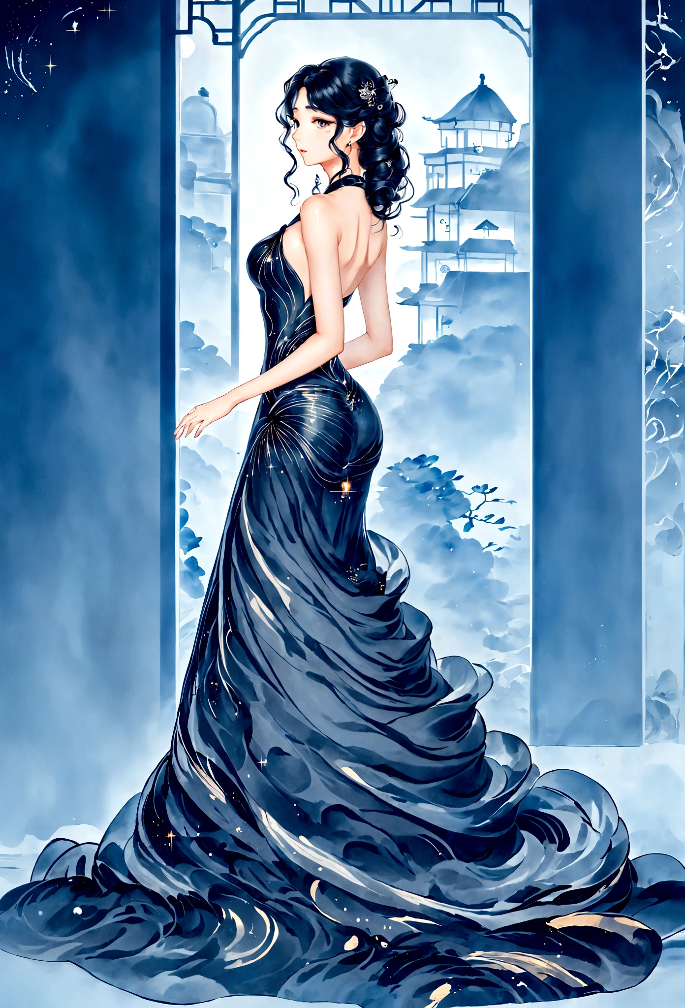 (masterpiece, best quality:1.2),Wavy hair secretary，solitary,Exquisite eyes,Fine black hair，( Smooth skin:1.2)( Wear a gorgeous and sparkling evening gown:1.2)， Slender body proportions，Back，Gorgeous room