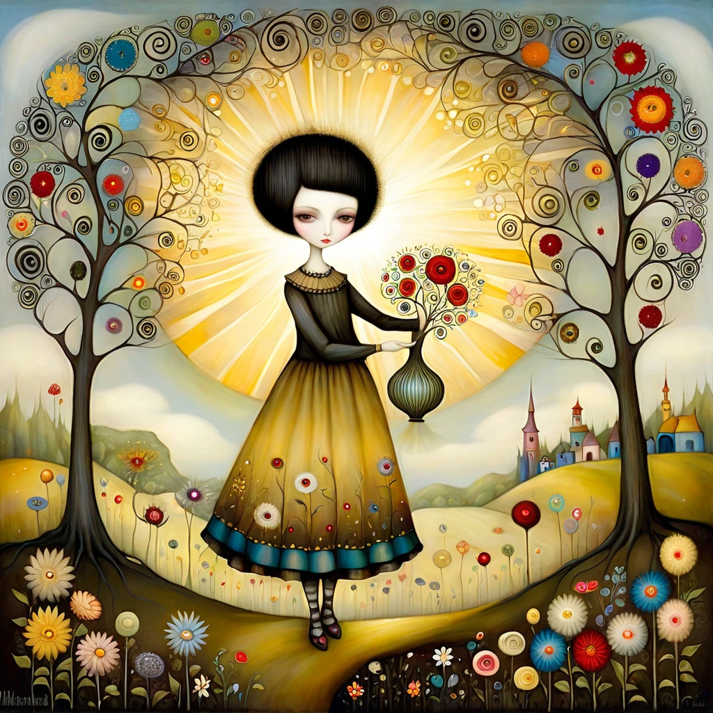 Patchwork by Klimt, Nicoletta Ceccoli, Naoto Hattori, Lawrence Didier, Leonora Carrington of European Woman with short black hair and a long, wide skirt, picking flowers from the branches of small trees in a flower garden, caressed by the sun's rays