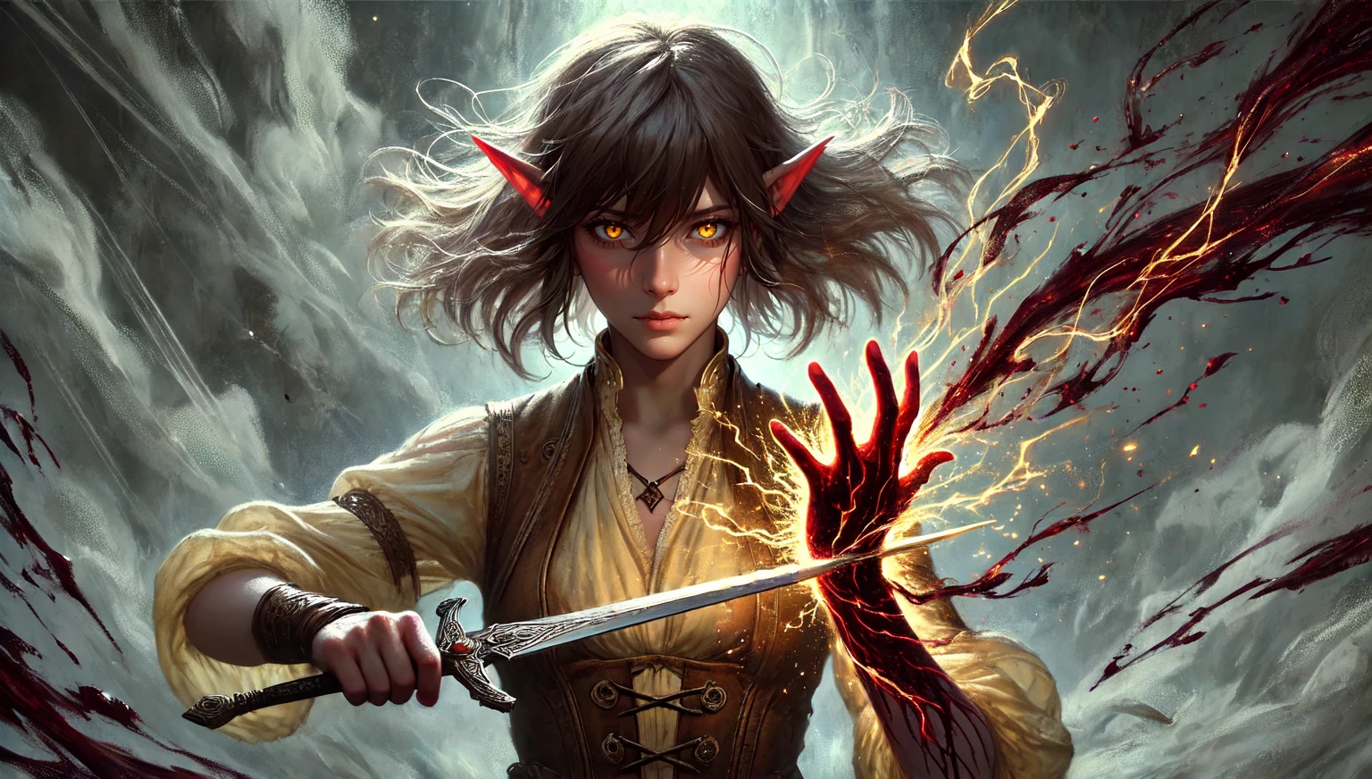 A high-resolution wide-format digital painting of Aletta, a young adult half-elf chaos mage, caught in a moment of unleashing her powers. As she deeply cuts her hand on a two-handed sword, her blood explosively transforms into chaotic, swirling energy. She has a  build, bob-cut brown hair streaked with grey, elven ears, and ((eyes glowing with fierce yellow light)). Her expression is one of intense concentration and determination. She wears a beige blouse and a brown corset vest. The scene is imbued with a dark, ominous energy, emphasizing the raw power and uncontrollable nature of her chaos magic
