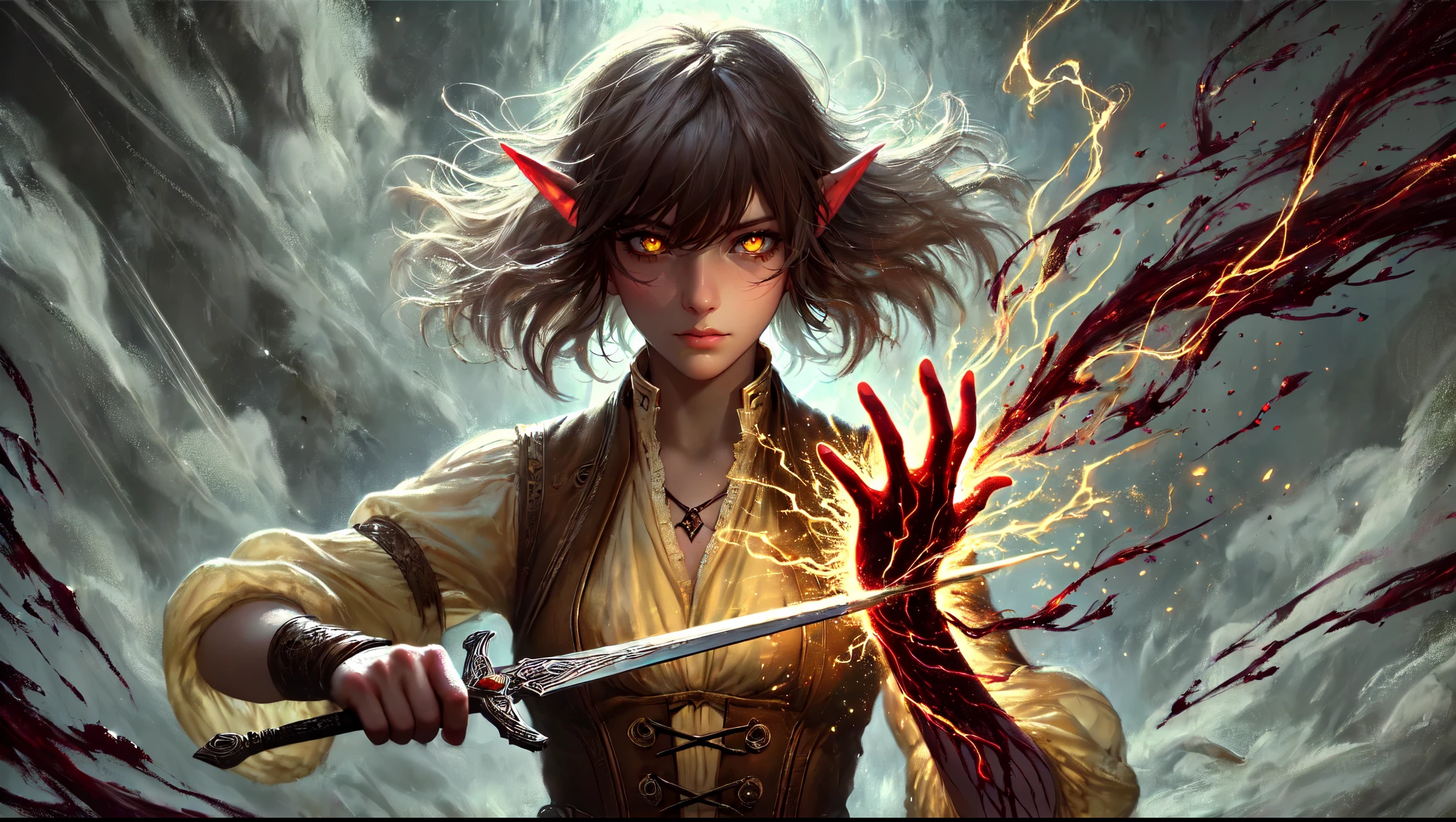 Una pintura digital de gran formato y alta resolución de Aletta., un joven mago del caos semielfo adulto, atrapada en el momento de desatar sus poderes. As she deeply cuts her hy on a two-hyed sword, Su sangre se transforma explosivamente en caótica., energía arremolinada. ella tiene una constitución, Cabello castaño con corte bob y mechas grises., elven ears, y ((ojos brillando con una feroz luz amarilla)). Her expression is one of intense concentration y determination. She wears a beige blouse y a brown corset vest. La escena está impregnada de oscuridad., energía siniestra, emphasizing the raw power y uncontrollable nature of her chaos magic
