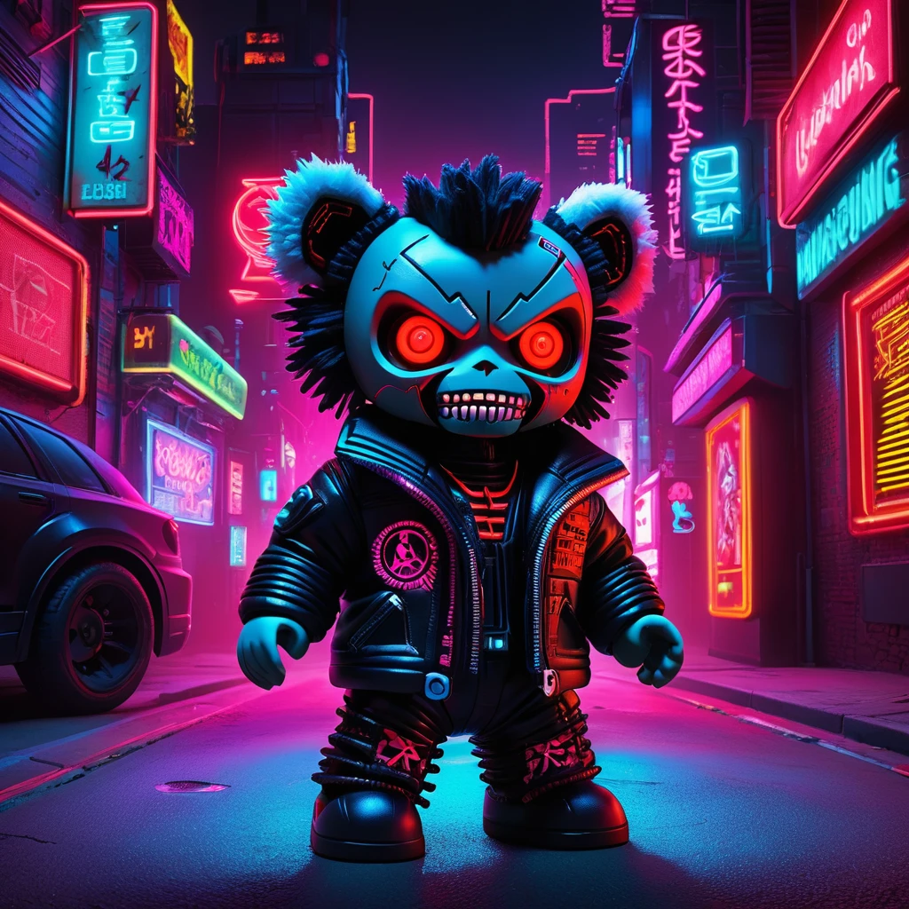 (knitted toy voodoo doll:1.2), (voodoo beast:1.3), (cyberpunk clothes:1.0), (in a neon-lit jacket:1.2), (cybernetic enhancements:1.2), (glow-up red eyes:1.3), (sharp teeth:1.2), (black, furry body:1.5), (black, furry face:1.3), (standing in a neon-lit city:1.2), (futuristic buildings:1.3), (neon signs:1.3), best quality, masterpiece, detailed soft oil painting, detailed background, dramatic cinematic lighting, soft edge lighting, professional, dramatic lighting, hard edge lighting, ultra quality, 4k, masterpiece, best quality, 8k, ultra high definition, high resolution, extremely detailed