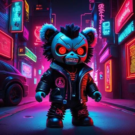 (knitted toy voodoo doll:1.2), (voodoo beast:1.3), (cyberpunk clothes:1.0), (in a neon-lit jacket:1.2), (cybernetic enhancements...