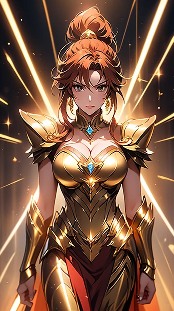 Gold Armor, 4K image, rallies, best quality, masterpiece, movie lighting ，Sexy，Large Breasts，Cleavage，action，In battle，cleavage，anger，noble，Light beams from hands，Golden lightning all around，red hair，ponytail hairstyle，Saint Seiya Leo Aiolia，Wink，lipstick