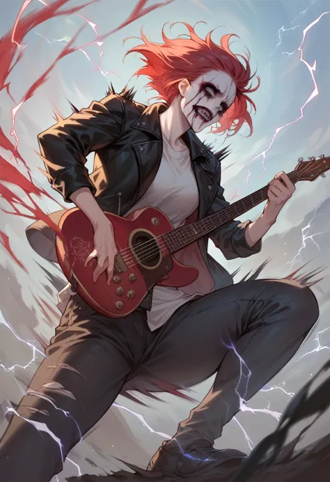 black metal girl, pale face, black metal make up, corpse paint face, red hair shoulder length, leather jacket, riding on a guita...