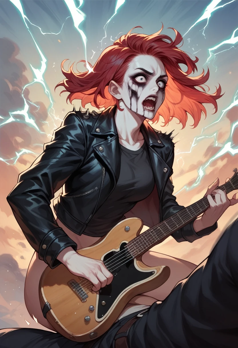 Black Metal girl, pale face, Black Metal make up, corpse paint face, red hair shoulder length, leather jacket, riding on a guitar in sky, electricity effects around her,  movement blur