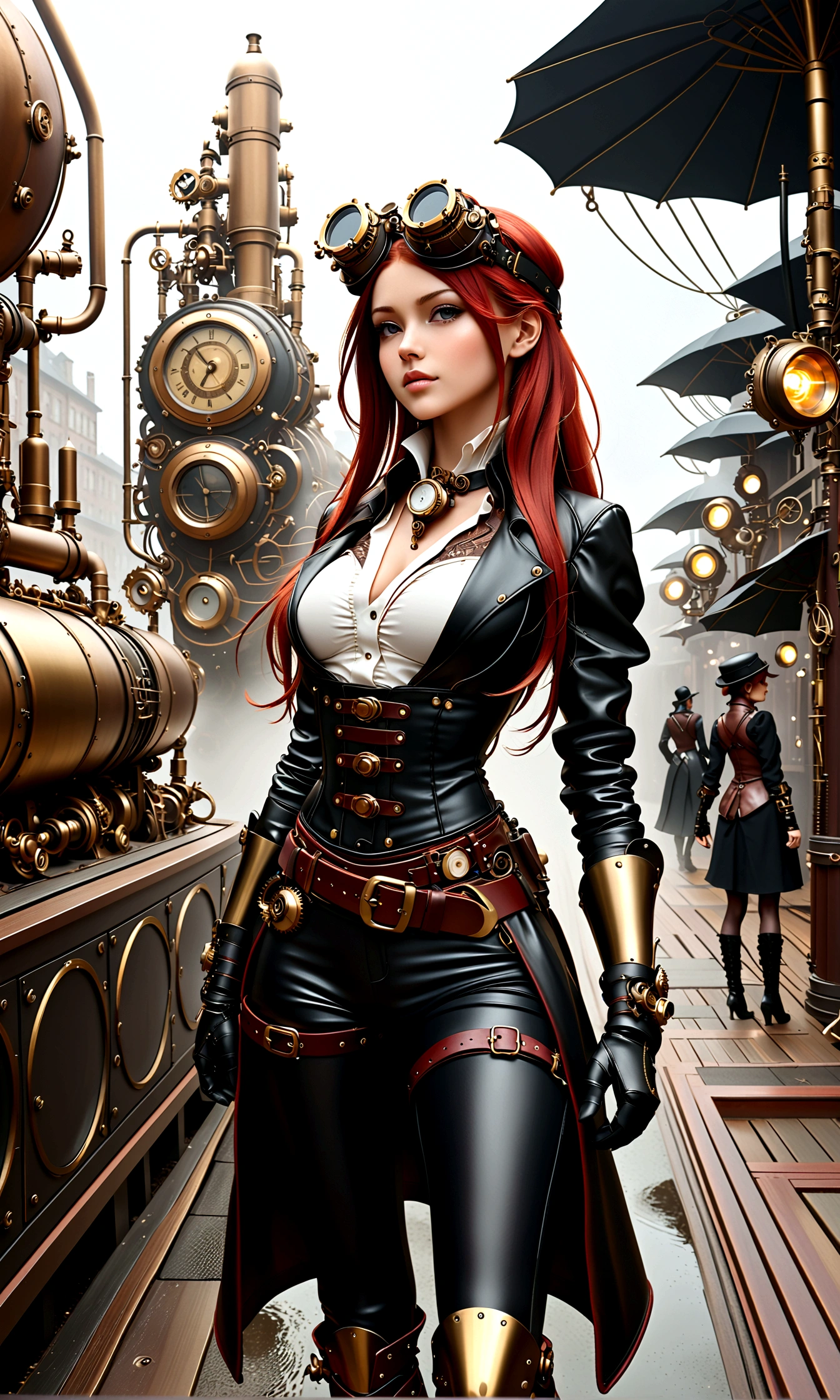 ganzkörper, ganzkörper bild(head to toe in frame)((Masterpiece)),mfbp1, (Best Quality), (Cinematic),(Extremely detailed CG Unity 8k wallpaper), 1 girl, fit,Delicious company, small breasts,(no goggles on face)(very long redhair),one Stunning red-haired steampunk woman who lost her forearm in an accident received a beautifully designed, fine and perfectly fitting robotic prosthesis (steampunk style) as a replacement, posing coolly in front of machines and factories. With this prosthesis she shows us a sealed, delicate poison glass bottle with blue liquid in it. Hand-forearm prosthesis made of brass and leather. She wears tight-fitting clothing (steampunk leather suit with cut-outs on hips and belly and buckles).the forearms are nude to show the prothetic arm, hoes and decorative wielding goggles in her hair on head, also made of brass and leather. The landscape is a bit gloomy, but also impressive.,1 line drawing,make up,steampunk style 