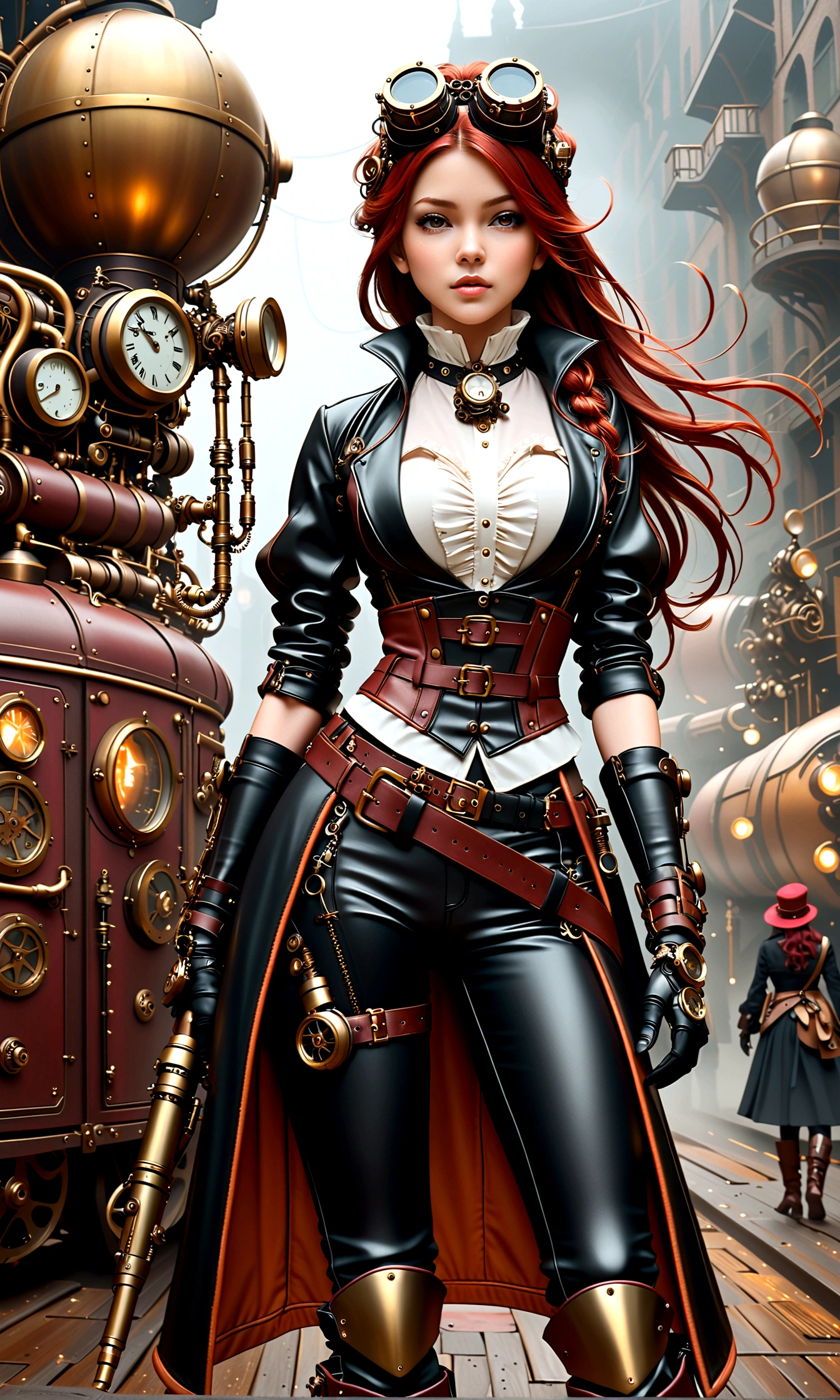 ganzkörper, ganzkörper bild(head to toe in frame)((Masterpiece)),mfbp1, (Best Quality), (Cinematic),(Extremely detailed CG Unity 8k wallpaper), 1 girl, fit,Delicious company, small breasts,(no goggles on face)(very long redhair),one Stunning red-haired steampunk woman who lost her forearm in an accident received a beautifully designed, fine and perfectly fitting robotic prosthesis (steampunk style) as a replacement, posing coolly in front of machines and factories. With this prosthesis she shows us a sealed, delicate poison glass bottle with blue liquid in it. Hand-forearm prosthesis made of brass and leather. She wears tight-fitting clothing (steampunk leather suit with cut-outs on hips and belly and buckles).the forearms are nude to show the prothetic arm, hoes and decorative wielding goggles in her hair on head, also made of brass and leather. The landscape is a bit gloomy, but also impressive.,1 line drawing,make up,steampunk style 