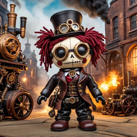 (knitted toy voodoo doll:1.2), (voodoo steampunk:1.3), (clothing: leather corset, aviator glasses, gears and mechanical parts:1....