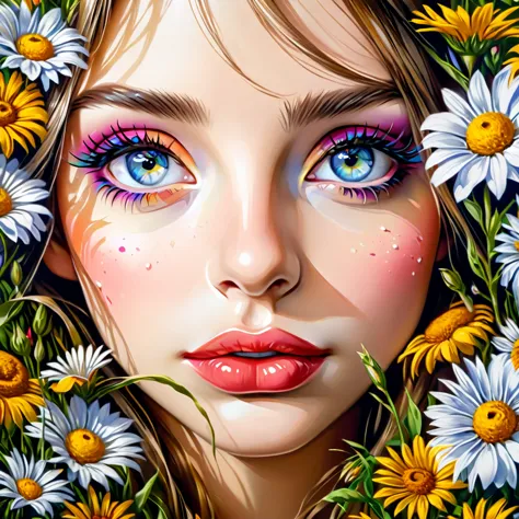 a girl in a field of flowers, beautiful detailed eyes, beautiful detailed lips, extremely detailed eyes and face, long eyelashes...