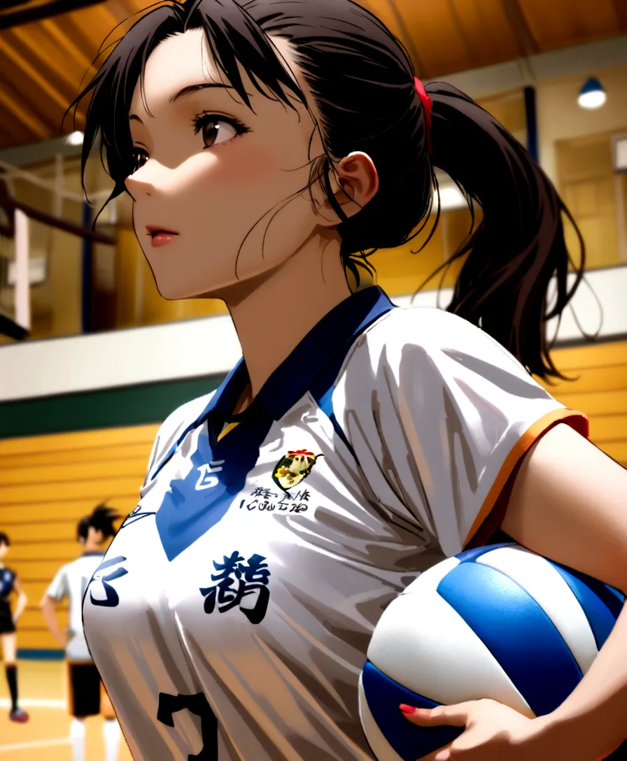 arafed asian woman holding a volleyball ball in a gym, wearing a volleyball jersey, Kotegawa Yui, Close-up portrait shot, by Kinichiro Ishikawa, Tadashi Nakayama, Japanese Model, chiho ashima, volleyball, Over the shoulder shot, 