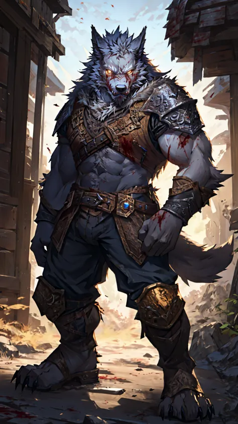 a male werewolf leader in the World of Warcraft, standing pose, pure white fur, golden eyes, ultra-detailed, masterpiece, 8K, re...