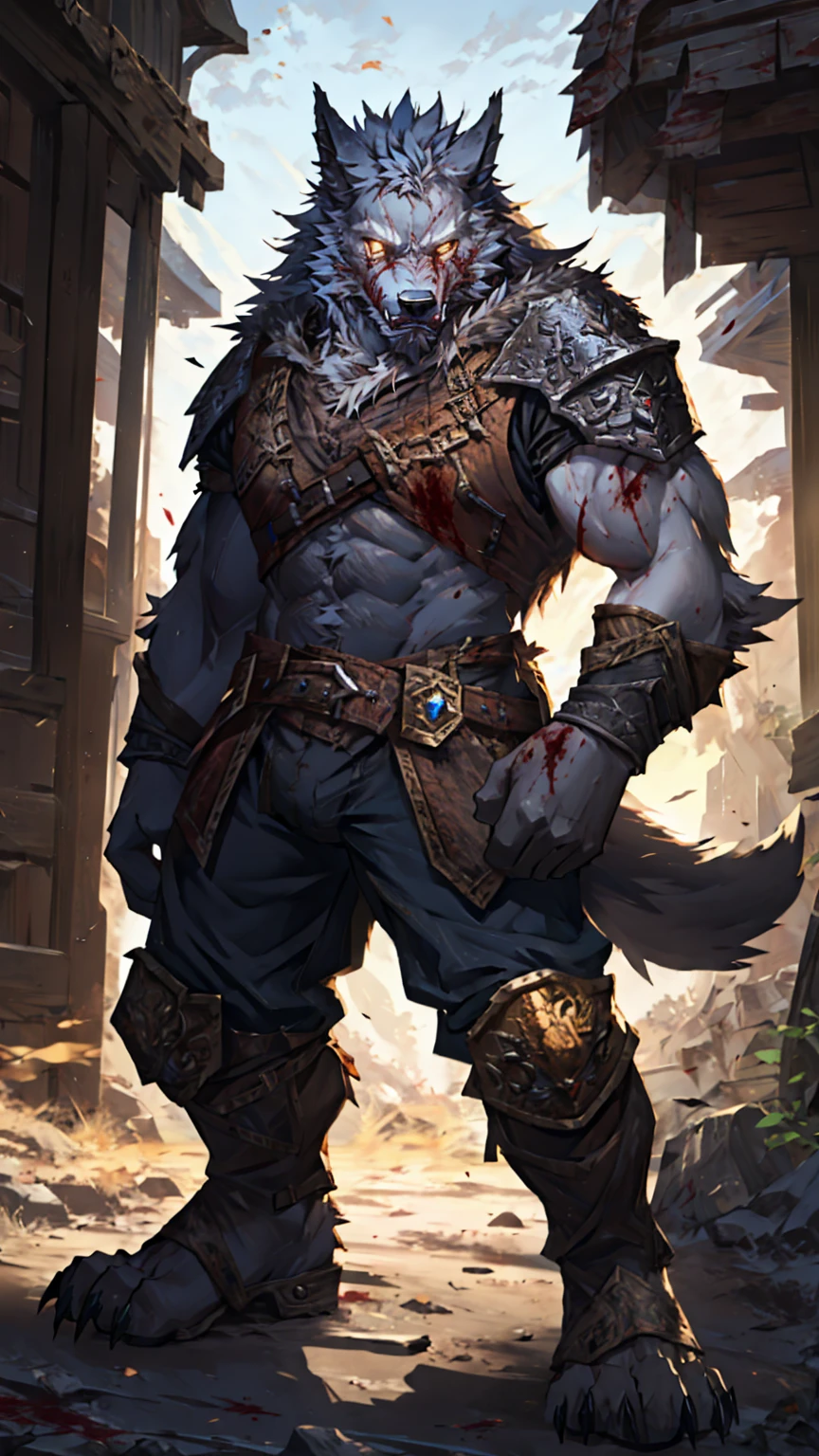 a male werewolf leader in the World of Warcraft, standing pose, pure white fur, golden eyes, ultra-detailed, masterpiece, 8K, realistic, photorealistic, physically-based rendering, extreme detail description, professional, Ultimate light and shadow effects，Bloodthirsty expression，Blood，Very beautiful paintings，Extreme hair details，Realistic hair details，Reference to Genn Greymane in World of Warcraft，Werewolf form，Whiter hair，Must have four toes