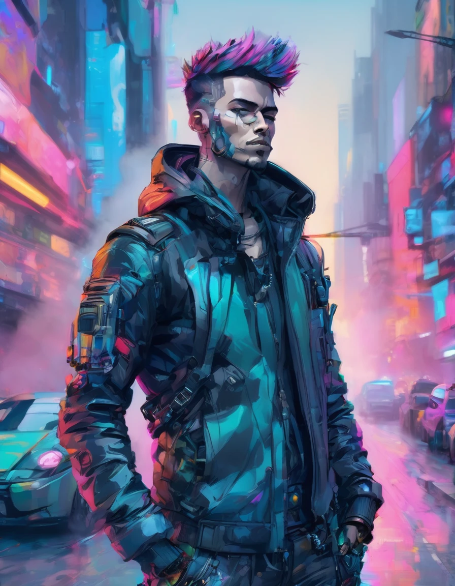 a detailed cypunk badass man , leaning against the wall pose on a futuristic street beside a traffic light , ((holding a smoke)) with a vibrant color , high clarification , refined quality , high definition , super fine detailed ,clear details in 32k resolution