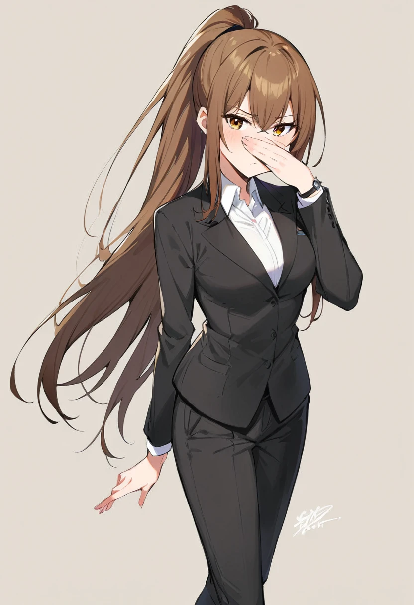 1 Girl, suit, office lady, Black trousers, Black blazer, Brown Hair, Long Hair, teenager, ponytail, Cover your nose with your hand