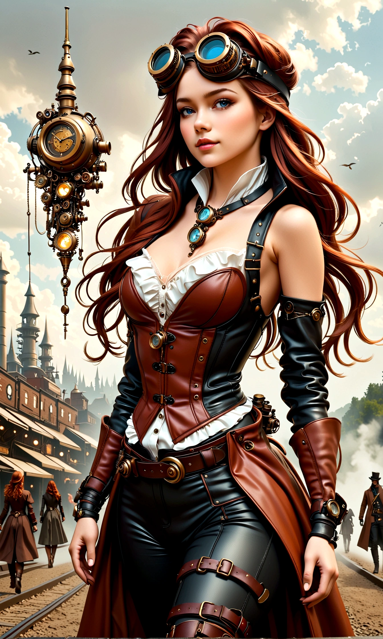 ganzkörper, ganzkörper bild(head to toe in frame)((Masterpiece)),mfbp1, (Best Quality), (Cinematic),(Extremely detailed CG Unity 8k wallpaper), 1 girl, fit,Delicious company, small breasts,(no goggles on face)(very long redhair),one Stunning red-haired steampunk woman who lost her forearm in an accident received a beautifully designed, fine and perfectly fitting robotic prosthesis (steampunk style) as a replacement, posing coolly in front of machines and factories. With this prosthesis she shows us a sealed, delicate poison glass bottle with blue liquid in it. Hand-forearm prosthesis made of brass and leather. She wears tight-fitting clothing (steampunk leather suit with cut-outs on hips and belly and buckles).the forearms are nude to show the prothetic arm, hoes and decorative wielding goggles in her hair on head, also made of brass and leather. The landscape is a bit gloomy, but also impressive.,1 line drawing,make up,steampunk style
