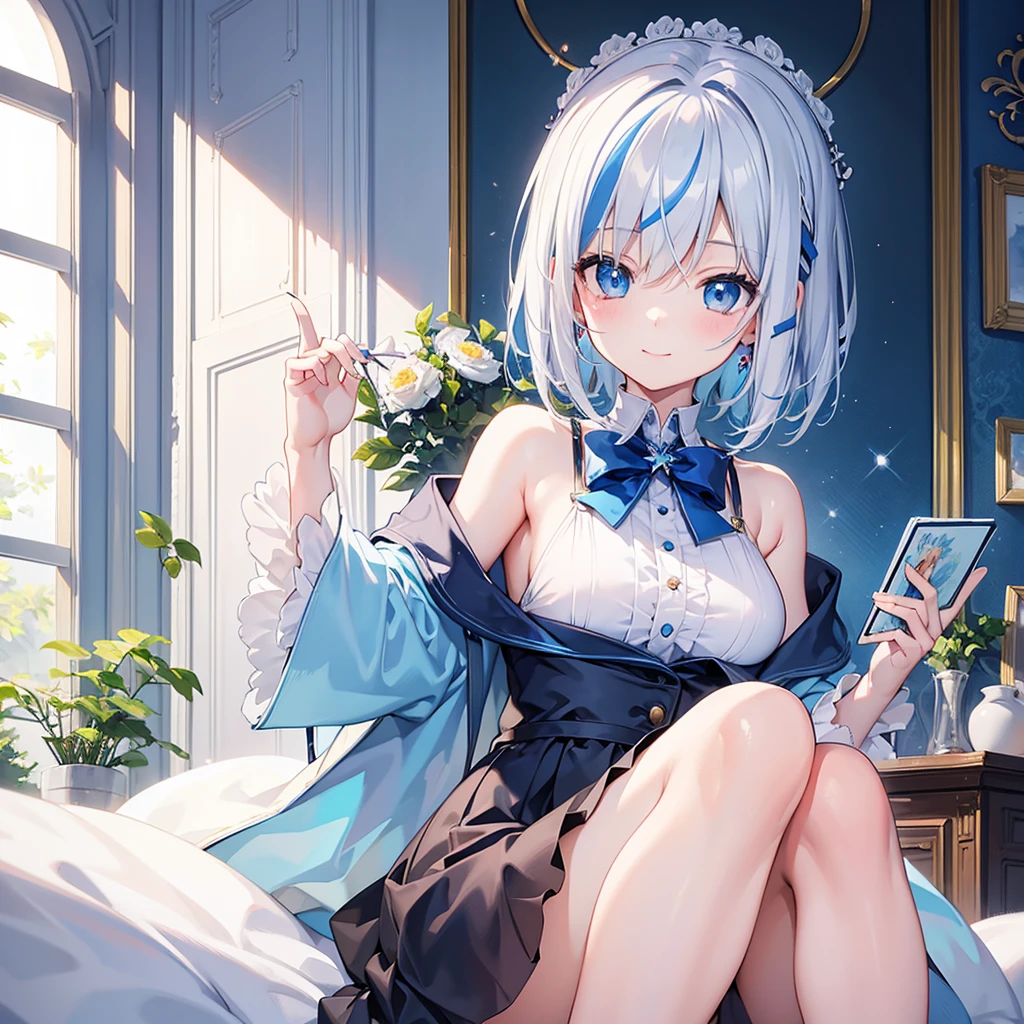 beautiful, masterpiece, Highest quality, anime, One girl, C Cup,Portrait Shot, View your viewers, Covered、Short Hair、nearby、Blue Eyes、art、、White hair,Blue streaked hair、wallpaper、hairpin、Cute smile、Thighs、、Cute、