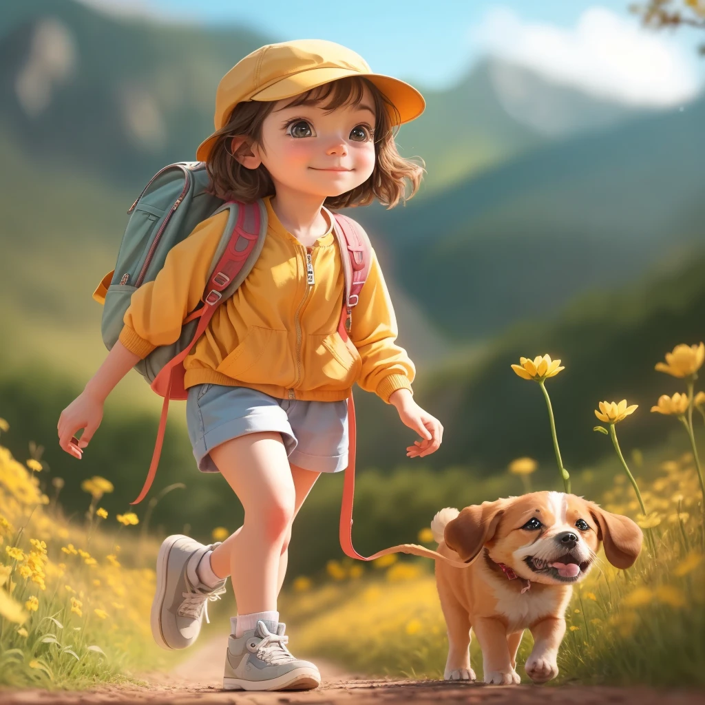 inmediato: Un increíblemente encantador llevando una mochila., acompañada de su adorable cachorro, disfrutando de una hermosa excursión primaveral rodeado de hermosas flores amarillas y paisajes naturales. La ilustración está en alta definición con resolución 4k., con rasgos faciales muy detallados y visuales de estilo de dibujos animados.