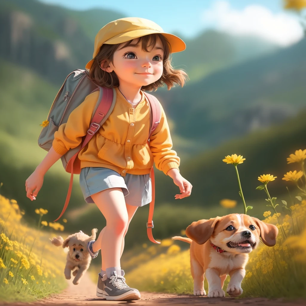 inmediato: Un increíblemente encantador llevando una mochila., acompañada de su adorable cachorro, disfrutando de una hermosa excursión primaveral rodeado de hermosas flores amarillas y paisajes naturales. La ilustración está en alta definición con resolución 4k., con rasgos faciales muy detallados y visuales de estilo de dibujos animados.