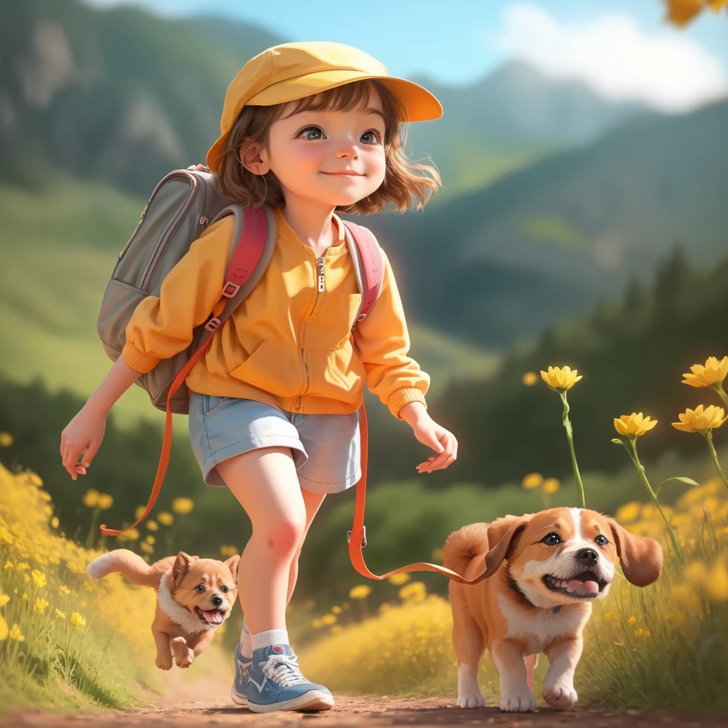 inmediato: Un increíblemente encantador llevando una mochila., acompañada de su adorable cachorro, disfrutando de una hermosa excursión primaveral rodeado de hermosas flores amarillas y paisajes naturales. La ilustración está en alta definición con resolución 4k., con rasgos faciales muy detallados y visuales de estilo de dibujos animados.