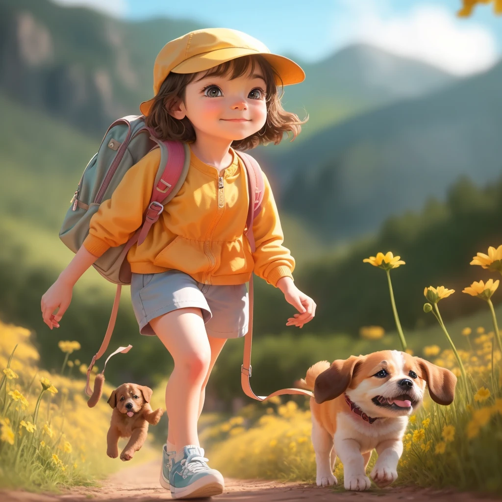 inmediato: Un increíblemente encantador llevando una mochila., acompañada de su adorable cachorro, disfrutando de una hermosa excursión primaveral rodeado de hermosas flores amarillas y paisajes naturales. La ilustración está en alta definición con resolución 4k., con rasgos faciales muy detallados y visuales de estilo de dibujos animados.