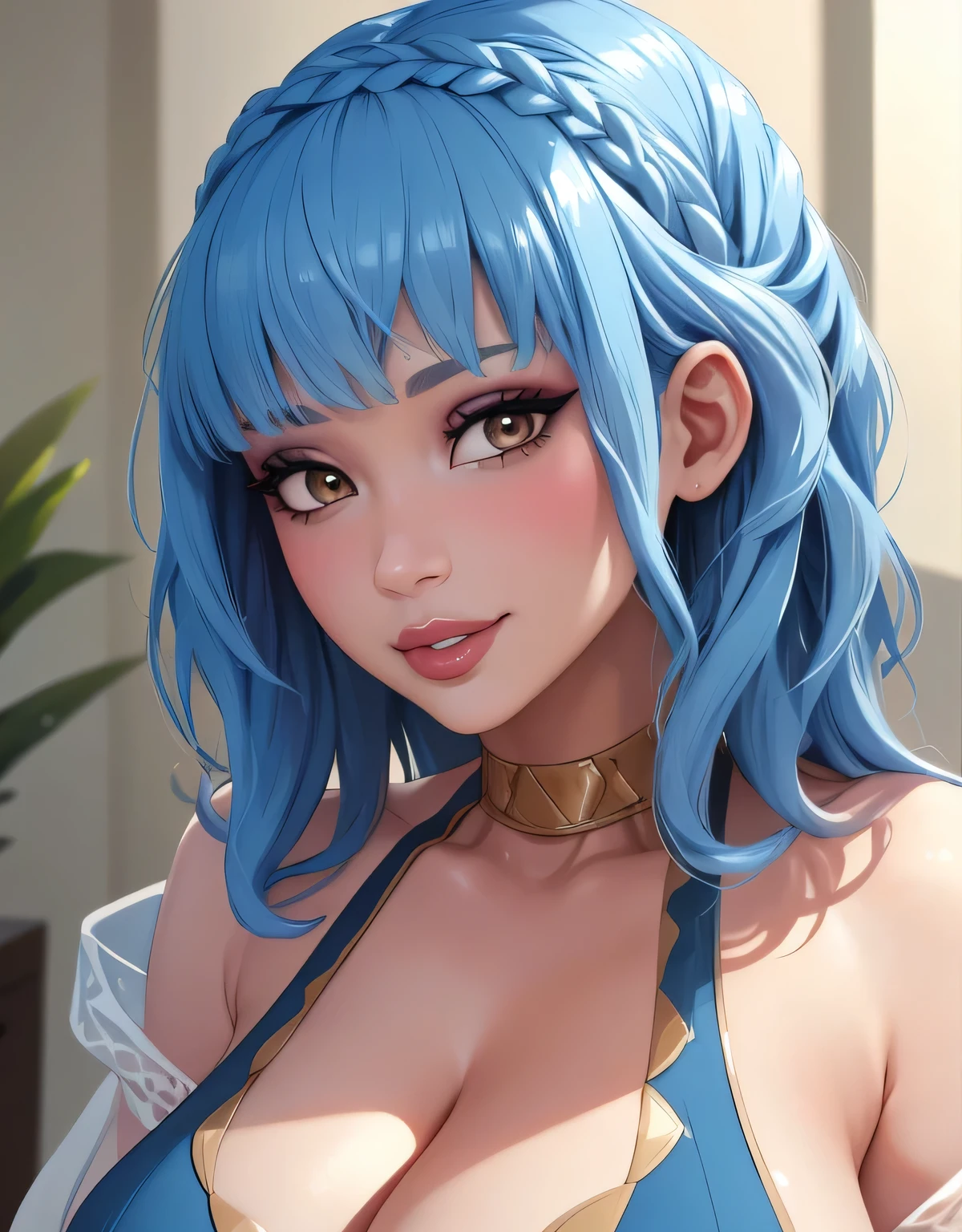 mariannebikini, crown braid, bare shoulders, see-through, blue bikini, sarong, messy hair, (masterpiece, best quality, 8k, HD, ultra-detailed), realistic style, very close up shot 2.0, beach 2.0, looking at viewer 2.0, blushing, face shot 2.0, face shot 2.0, cute nose, very sexy smile 2.0, very luscious lips 2.0, facing camera 2.0, very heavy eyeshadow 2.0, very heavy makeup 2.0, round face, very thick lips 2.0, very glossy lips 2.0, very pouty lips 2.0, lustrous skin 2.0, shiny skin 2.0, very pretty 2.0, very beautiful 2.0, very curvy 2.0, very sexy 2.0, very thick 2.0, very toned 2.0, very sexy smile 2.0, very luscious lips 2.0, facing camera 2.0, very heavy eyeshadow 2.0, very heavy makeup 2.0, round face, very thick lips 2.0, very glossy lips 2.0, very pouty lips 2.0, lustrous skin 2.0, shiny skin 2.0, very pretty 2.0, very beautiful 2.0, very curvy 2.0, very sexy 2.0, very thick 2.0, very toned 2.0, very curvy, very sexy 2.0, very gigantic lips 2.0, very sexy smile 2.0, very luscious lips 2.0, facing camera 2.0, very heavy eyeshadow 2.0, very heavy makeup 2.0, round face, very thick lips 2.0, very glossy lips 2.0, very pouty lips 2.0, lustrous skin 2.0, shiny skin 2.0, very pretty 2.0, very beautiful 2.0, very curvy 2.0, very sexy 2.0, very thick 2.0, very toned 2.0, very sexy smile 2.0, very luscious lips 2.0, very heavy eyeshadow 2.0, very heavy makeup 2.0, round face, very thick lips 2.0, very glossy lips 2.0, very pouty lips 2.0, lustrous skin 2.0, shiny skin 2.0, very pretty 2.0, very beautiful 2.0, very curvy 2.0, very sexy 2.0, very thick 2.0, very toned 2.0, very large breasts 2.0, very sexy 2.0, very gigantic lips 2.0, light blue hair, facing camera 2.0, very toned 2.0, very large hip to waist ratio 2.0, wide hips 2.0, very thick thighs 2.0, very defined waist 2.0, very thick thighs 2.0, very large breasts 2.0, gold trim 2.0, very shy 2.0, very motherly 2.0, very mature woman 2.0, very motherly 2.0, very mature woman 2.0, very milf 2.0, face shot 2.0