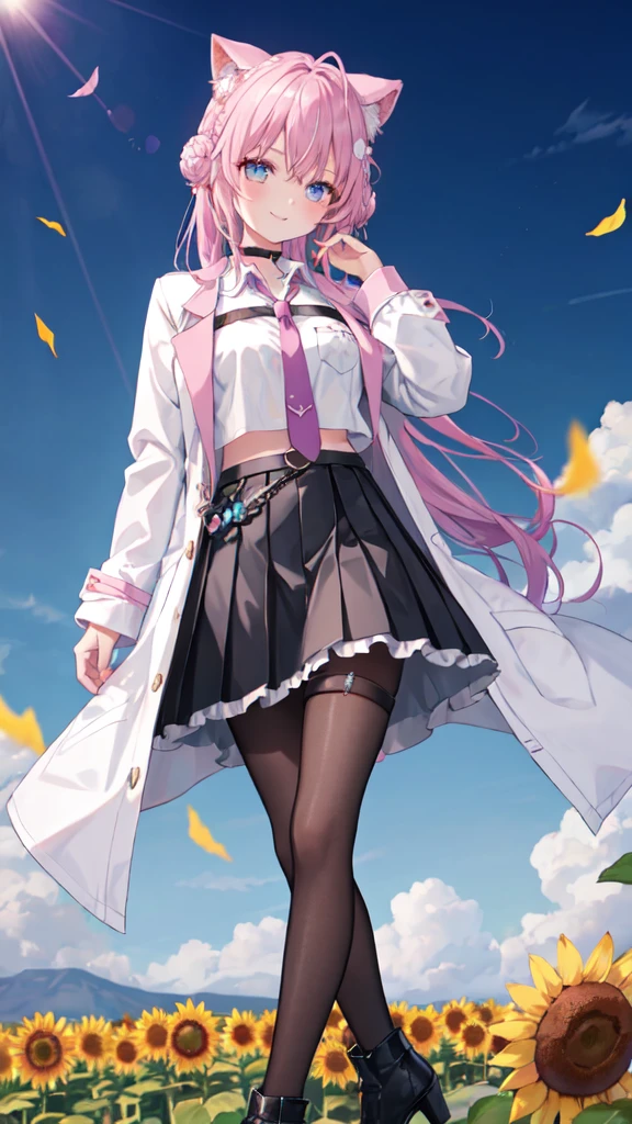 cute ,alone,Wind,smile,Lens flare,dramatic, Coastal,
Flying petals, flowery Field, null, sun,Field, sunflower, masterpiece, long hair, hair bun, double bun, braided bun, crown braid, hexagon, choker, black choker, necktie, pink necktie, shirt, white shirt, collared shirt, crop top, crop top overhang, fingernails, nail polish, pink nails, watch, pocket watch, midriff, navel, belt, skirt, miniskirt, black skirt, pleated skirt, frills, frilled skirt, test tube, pantyhose, black pantyhose, thigh strap, shoes, black footwear, high heels, coat, labcoat, white coat, open coat, open clothes, long sleeves, sleeves past wrists, pocket